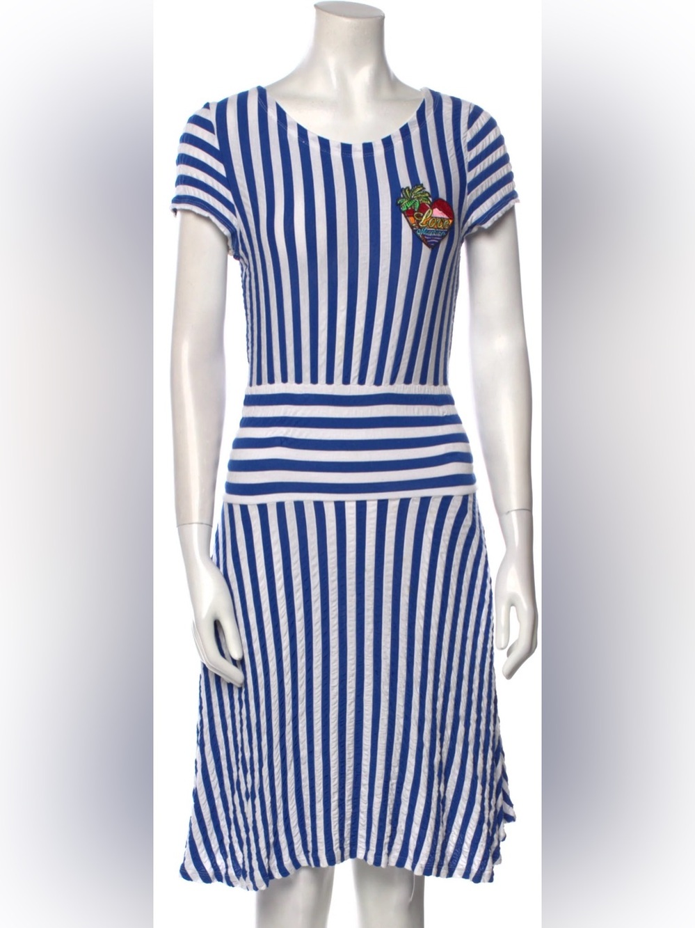 Love Moschino striped blue and white palm tree beach dress with pockets.